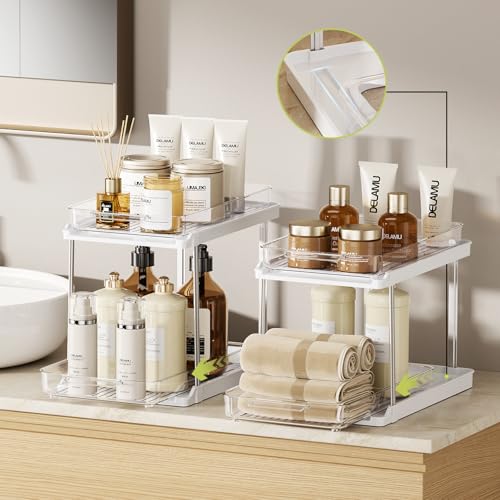 Delamu 2-Tier Bathroom Under Sink Organizers and Storage, Pull Out Cabinet Drawers with Anti-Slip Design, Multi-Purpose Storage for Kitchen, Pantry, Bathroom & Home Organization, White, 4 Pack
