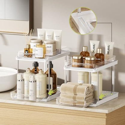 Delamu 2-Tier Bathroom Under Sink Organizers and Storage, Pull Out Cabinet Drawers with Anti-Slip Design, Multi-Purpose Storage for Kitchen, Pantry, Bathroom & Home Organization, White, 4 Pack