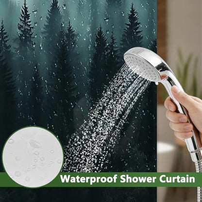 No Hook Shower Curtain with Snap in Liner and Sheer Top Window, Misty Forest Easy Hang Double-layer Waterproof Fabric Shower Curtain, 71x74 Inch Summer Bathroom Shower Curtains Set with Weighted Hem - color: Misty Forest