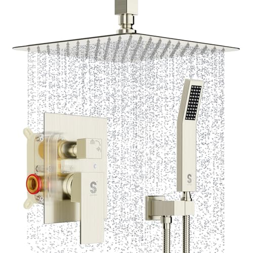 SR SUN RISE Brass 10 Inches Ceiling Mounted Shower System Brushed Nickel Bathroom Luxury Rain Mixer Shower Combo Set Ceiling Install Rainfall Shower Head System - color: Brushed Nickel, style: 10 inch