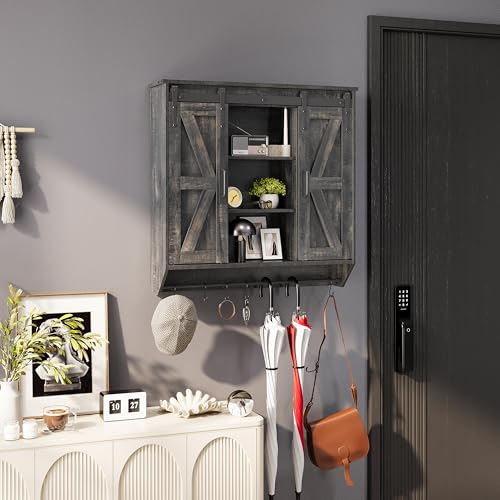 Trironsun Farmhouse Medicine Cabinet 2 Sliding Barn Doors 3 Tier Rustic Wood Wall Storage Cabinet Adjustable Shelf Towel Bar Wall Mounted Bathroom Wall Cabinet - color: Dark Rustic Oak