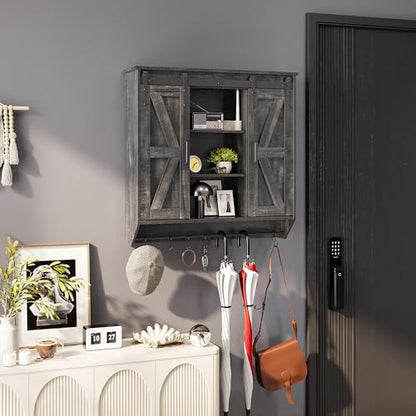 Trironsun Farmhouse Medicine Cabinet 2 Sliding Barn Doors 3 Tier Rustic Wood Wall Storage Cabinet Adjustable Shelf Towel Bar Wall Mounted Bathroom Wall Cabinet - color: Dark Rustic Oak
