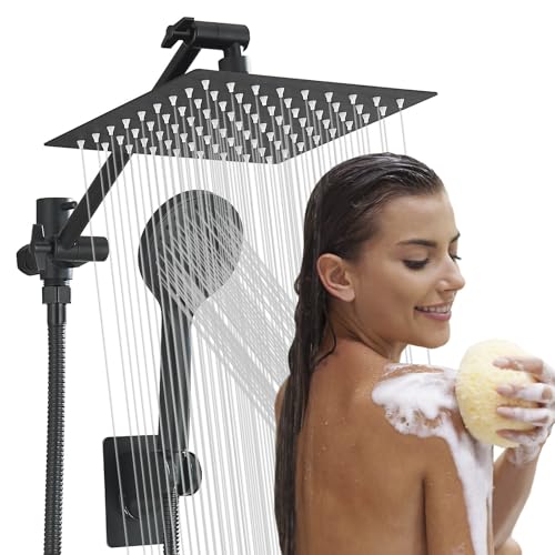 Matte Black Shower Head, High Pressure Rainfall 8 Inch Shower Head/Handheld Showerhead Combo with 10" Extension Arm, Height/Angle Adjustable