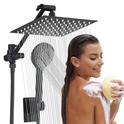 Matte Black Shower Head, High Pressure Rainfall 8 Inch Shower Head/Handheld Showerhead Combo with 10" Extension Arm, Height/Angle Adjustable