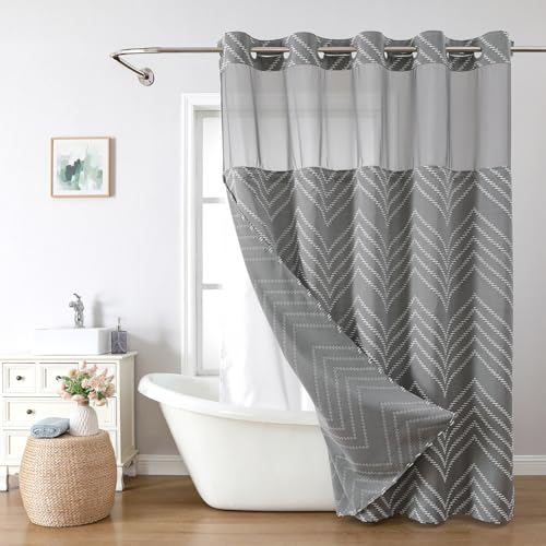 Grey No Hook Shower Curtain with Snap-in Liner Set,Boho Modern Farmhouse White Tufted Chevron Striped Design,Woven Fabric Bathroom Curtain,71x74 - color: White Grey, size: 71"W x 74"L (Pack of 1)