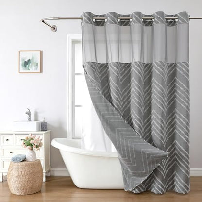 Grey No Hook Shower Curtain with Snap-in Liner Set,Boho Modern Farmhouse White Tufted Chevron Striped Design,Woven Fabric Bathroom Curtain,71x74 - color: White Grey, size: 71"W x 74"L (Pack of 1)