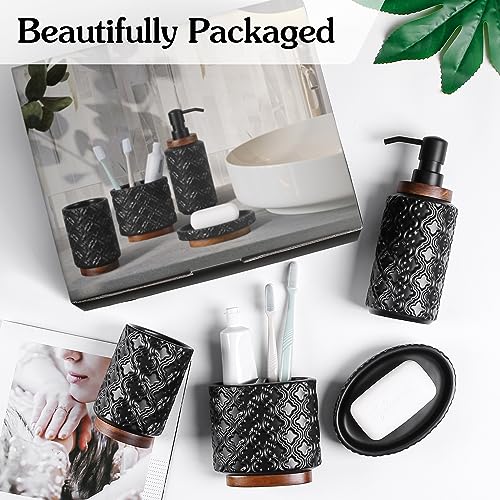RQYIXI Ceramic 4-Piece Bathroom Accessories Set,Matte Black | Countertop Essentials Embossed Textured Design Solid Wood Non-Slip Detail Matte Black Finish - color: Black, size: Embossed Textured-4-Piece