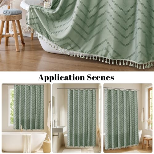 Small Boho Stall Shower Curtain, Sage Green Fabric Cloth Stall Shower Curtain 36 x 72 Half Size with Tassel Tufted Chevron Striped Textured Modern Farmhouse for Bathroom, Machine Washable - color: Sage Green, size: 36"W x 72"L (Pack of 1)