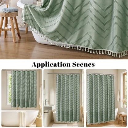 Small Boho Stall Shower Curtain, Sage Green Fabric Cloth Stall Shower Curtain 36 x 72 Half Size with Tassel Tufted Chevron Striped Textured Modern Farmhouse for Bathroom, Machine Washable - color: Sage Green, size: 36"W x 72"L (Pack of 1)