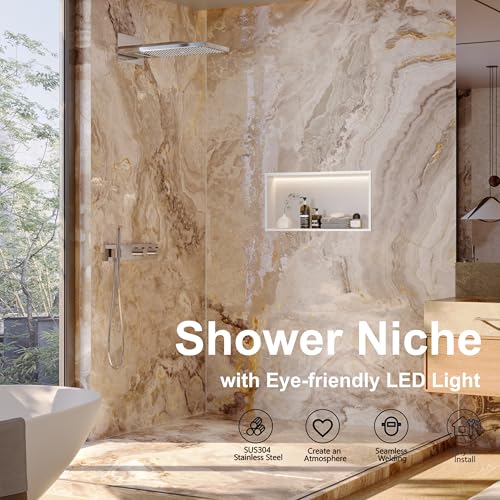 Qeke 24" X 12" Stainless Steel Shower Niche w/ 3 CCT Dimmable Light, White | No Tile Needed Wall Niche, Recessed Niche w/ Light(3000K/4000K/6000K), IP66 Waterproof, Space Saving & Durable - color: Matte White, size: 24" X 12"