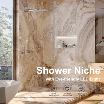 Qeke 24" X 12" Stainless Steel Shower Niche w/ 3 CCT Dimmable Light, White | No Tile Needed Wall Niche, Recessed Niche w/ Light(3000K/4000K/6000K), IP66 Waterproof, Space Saving & Durable - color: Matte White, size: 24" X 12"