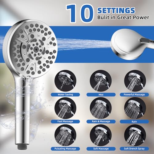 10" Metal Rainfall Shower Head with 10-Mode Handheld, Chrome | NSF/ANSI/CAN 372 Certified, High Pressure Showerhead Combo with 11" Adjustable Shower Arm, 71" Hose, Shower Head Holder - color: Chrome, style: Square 10"