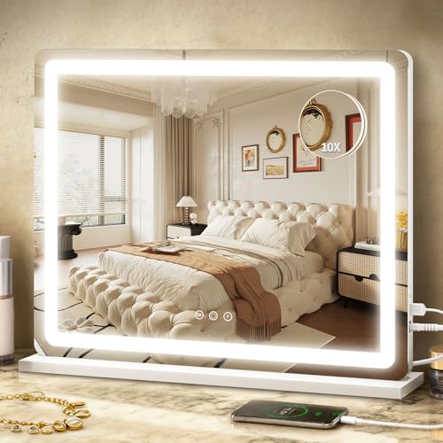 ROLOVE 23"x 18" Large Vanity Mirror with Lights, LED Makeup Mirror for Dresser and Desk, 10X Magnification, Dimmable Touch Control, Wall Mounted or Tabletop Mirror for Bedroom (White) - color: White, size: 23"x18"