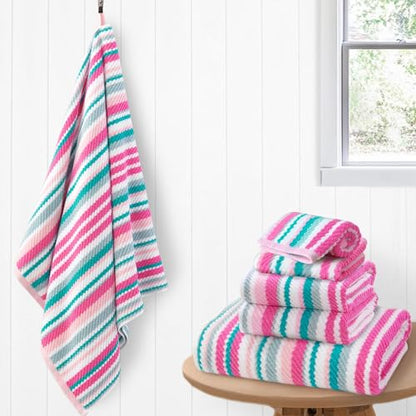 VOOVA & MOVAS Striped Towels 6 Pack, 100% Cotton, Pink Aqua | Bathroom & Guest Space, Available in 13x13, 16x27, 28x52 In, Quick Dry, Bath Towels with Hanging Loops, Absorbent - color: Pink + Aqua + Teal Striped, size: 6 PCS Bathroom Towels