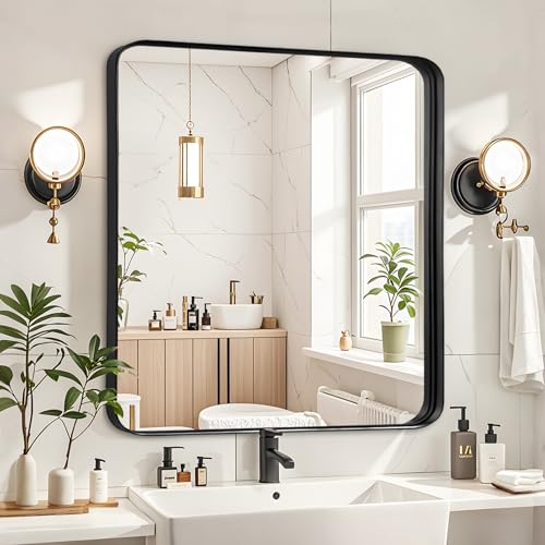 Fabuday Black Wall Mirror for Bathroom - 24x24 Inch Square Bathroom Mirrors for Over Sink, Small Framed Mirror with Black Matte Frame for Restroom, Hallway, Entryway, Living Room, Bedroom Decor - color: Black, size: 24"L x 24"W