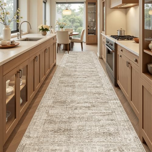 Soalmost Hallway Runner Rug 2'6"x10' Non-Slip Runners for Kitchen Brown | Washable Vintage Long Rugs 2.5x10ft Bathroom, Thin Low Pile Foldable 10ft Floor Carpet Mat for Entryway Corridor Bedroom - color: Brown, size: 2'6" x 10' (Runner)