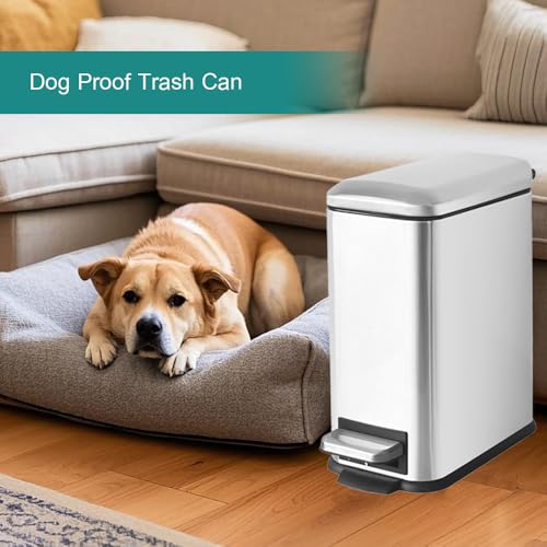 Small Bathroom Trash Can with Lid, Bedroom Trash Can, Silver | 1.3 Gal, Stainless Steel Trash Can, Removal Inner Bucket, Soft Close Lid, Step Pedal, Trash Bin for Bathroom, Bedroom, Office - color: Silver