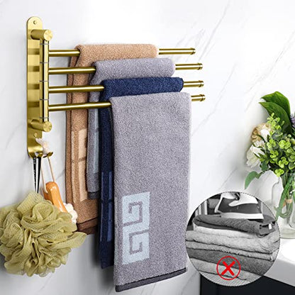 NearMoon Swivel Towel Rack, 13.8" Thicken 304 Stainless Steel 4-Arm Towel Bar, Space Saving Wall Mounted Towel Holder with Hook, Rustproof Swing Out Towel Hanger for Bathroom, Kitchen (Brushed Gold) - color: Brushed Gold, size: 13.8 Inch
