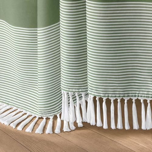 Sage Green Boho Cotton Striped Shower Curtain with Tassel 72"W X 84"L | Extra Long Boho Farmhouse Shower Curtains for Bathroom with Soft Cotton Feel - color: Sage Green, size: 72"W x 84"L