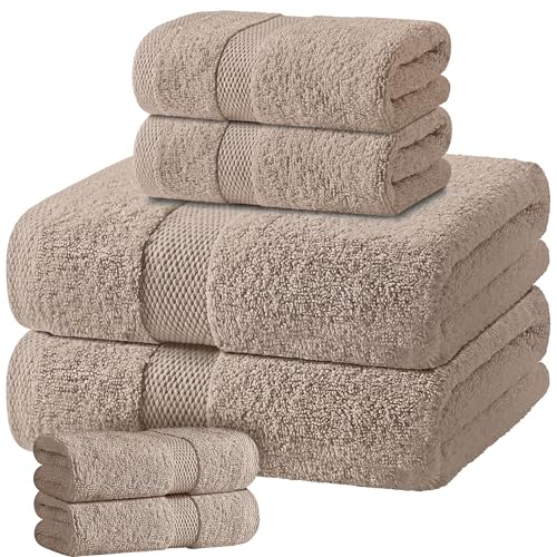 White Classic Taupe Bath Towel Set of 6-100% Cotton Highly Absorbent Towels for Bathroom, 2 Luxury Bath Towels 650GSM, 2 Hand Towels, 2 Washcloths - color: Taupe