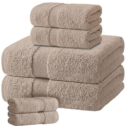 White Classic Taupe Bath Towel Set of 6-100% Cotton Highly Absorbent Towels for Bathroom, 2 Luxury Bath Towels 650GSM, 2 Hand Towels, 2 Washcloths - color: Taupe