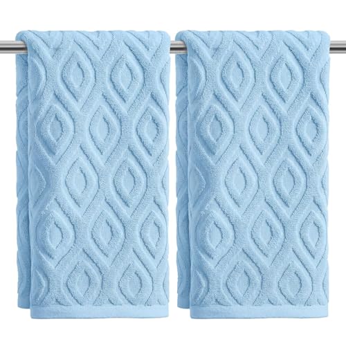 Artoid Mode 2 Pcs Light Blue 3D Diamond Grid Jacquard Hand Towels for Bathroom, 100% Cotton Soft Absorbent Bathroom Decor Towels, 13.7 x 29.5 Inch - color: Light Blue, size: 13.7" x 29.5", 2PCS