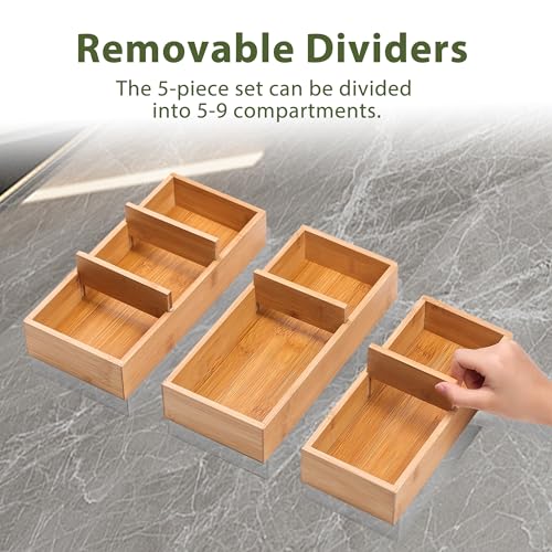Bamboo Drawer Organizers Set with Removable Dividers, 5PCS Adjustable Multi-Use Wood Storage Organizers(5-9 Grids), Desk Drawer Tray for Bathroom, Office, Dresser, Storage Box for Jewelry, Makeup - size: 5-9 Grids