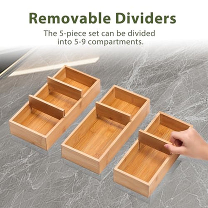 Bamboo Drawer Organizers Set with Removable Dividers, 5PCS Adjustable Multi-Use Wood Storage Organizers(5-9 Grids), Desk Drawer Tray for Bathroom, Office, Dresser, Storage Box for Jewelry, Makeup - size: 5-9 Grids