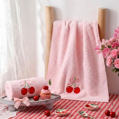 SmoothNovelty 2 Pcs Cherry Hand Towels Light Pink Bathroom Decor 14x29 Inch Embroidered 100% Cotton Soft Absorbent Spring Summer Decorative Hand Towels for Bathroom Kitchen - style: Cherry
