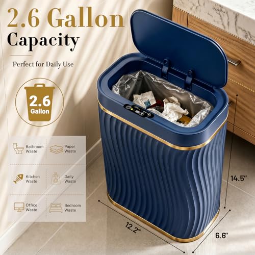 Ogikey Bathroom Small Trash Can with Automatic Touchless Lid, 2.6 Gallon Smart Garbage Can Narrow Waterproof Trash Bin for Bedroom, Office, Living Room - color: 2.6 gallon-Gold Blue