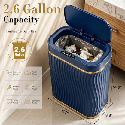 Ogikey Bathroom Small Trash Can with Automatic Touchless Lid, 2.6 Gallon Smart Garbage Can Narrow Waterproof Trash Bin for Bedroom, Office, Living Room - color: 2.6 gallon-Gold Blue