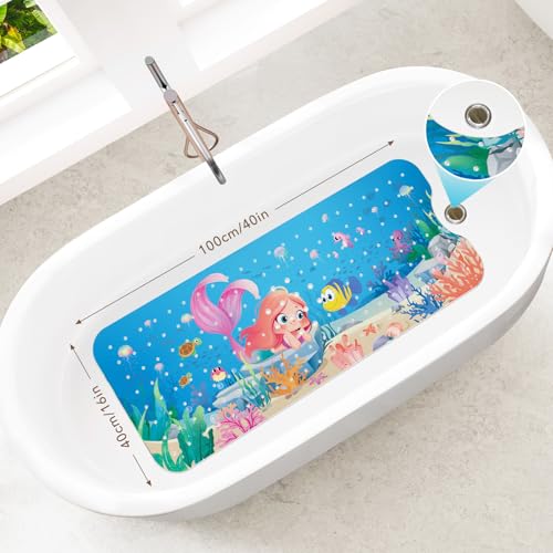 SHUCHING Mermaid Bath Mat for Tub Non Slip-40x16 Inch | Baby Bathtub Mat for Kids & Toddler Mold Free, Long Shower Mat for Inside Shower with Suction Cup, Machine Washable - color: Mermaid