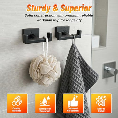 3 Pcs Angle Simple Double Towel Hook, Stainless Steel Shower Double Robe Coat Hooks for Wall, Hand Towel Holder for Bathroom Wall Livingroom Bedroom Kitchen Closet (Black)