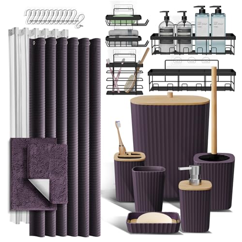 Clara Clark Bathroom Accessories Set - 27PC Bathroom Set with Adhesive Corner Shower Caddy Hanging, Bathroom Sets with Shower Curtain and Rugs, Purple Shower Curtain Set with Bathroom Trash Can | 27 Piece Purple Bathroom Sets with Shower Curtain and Rugs