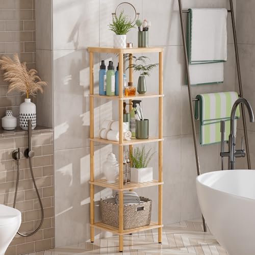 AmazerBath 5-Tier Bamboo Bathroom Shelf, Bathroom Standing Shelves, Multifunctional Shelving Unit for Living Room Bedroom Kitchen, Natural Color - size: 5 Tier - Natural