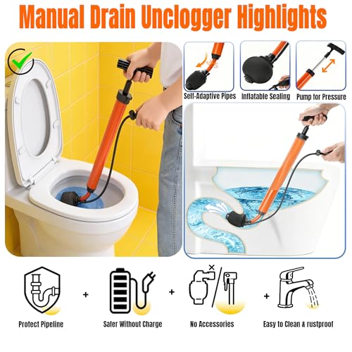 Manual Drain Unclogger, High Pressure Toilet Plunger: No-Splash, No Electricity, No Accessories, Pipe-Safe, Easy to Use, Reusable & Easy to Clean for Toilet, Sink, Bathtub, All Household Pipes - color: Orange