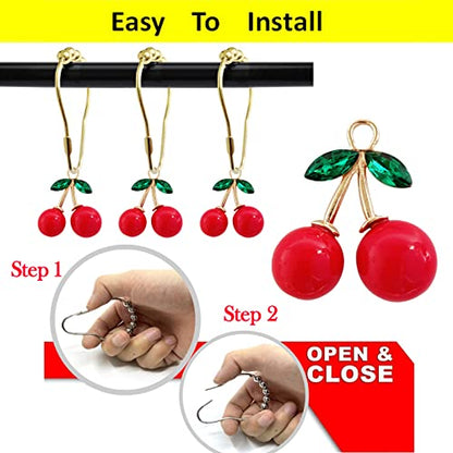 Set of 12 Cherries Shower Curtain Hooks Rings, Red Cherry Pendant Decoration, Fruit Style for Kids Bathroom, Stainless Steel Hooks Rustproof (Red-Cherry)