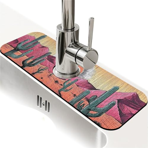 Kitchen Sink Splash Guard，Cacti and colorful deserts-1 Faucet Mat Sink Gadgets-Super Absorbent Fast Drying Mat Drip Catcher for Kitchen, Bathroom,Sink Mat, Dish Drying Mat, Bathroom(15" X 5.5" ) - color: Cacti and colorful deserts-1