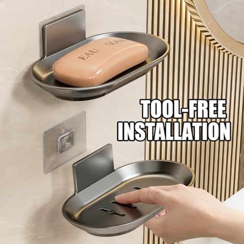 No Drilling Soap Dish for Shower, Self Draining Soap Bar Holder with Removable Drip Tray, Wall Mounted Rustproof Soap Saver for Bathroom, Kitchen, Toilet