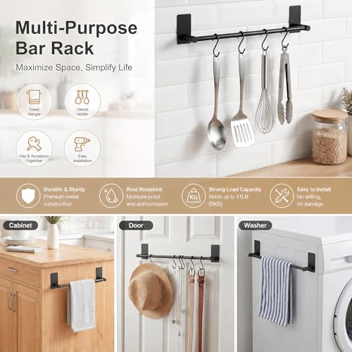 Adhesive Black Towel Bar 9-inch, Stick On Bath Towel Rack, Hand Towel Holders, No Drilling on Wall - Black - color: Black, size: 9-Inch