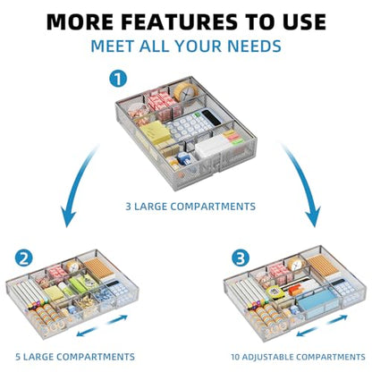Marbrasse Expandable Desk Drawer Organizer, Mesh Tray with 10 Adjustable Compartments, Desk Organizers for Office Supplies, Makeup & Vanity (Expandable-Silver) - color: Expandable-Silver