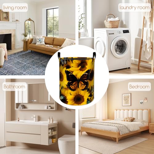 Sunflower Laundry Basket, Butterfly Print Foldable Oxford Cloth, Waterproof Dirty Clothes Hamper with Handles, Clothing Storage Bucket Toy Organizer for Bathroom Bedroom Dorm, 19.7"x15.7" - style: Sunflower 01
