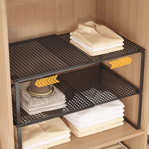 Expandable Stackable Cabinet Organizer - Adjustable Storage Shelf Rack for Kitchen, Bathroom, Pantry, and Office Space Saving - color: Black