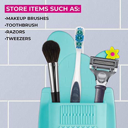 Lindo SiliPocket Silicone Makeup Brush Holder - Toothbrush Holder, Included Brush Cleaning Pad, Extra Strong Self-Adhesive Sticks Easy to Mirrors (Blue) - color: Blue
