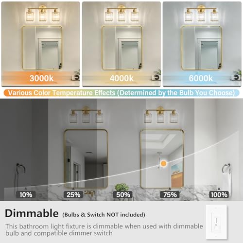 3 Light Bathroom Light Fixtures, Modern Crystal Vanity Lights over Mirror | Metal Frame, Bathroom Light with Square Crystal Shade, ETL Certified, E26 Ceramic Socket, Bulbs Not Included - color: Gold, size: 3-Light