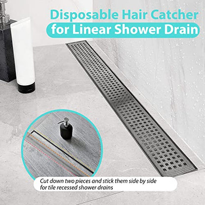 Qeke Disposable Hair Catcher Shower Drain Mesh Stickers, 2.75“ Width, 2Pcs | DIY Shower Drain Cover Hair Catcher for Any Length, 32.8 Foot Hair Stopper for Linear Shower Drain with Removal Tool
