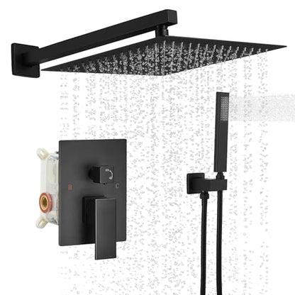 BWE 12 Inch Matte Black 2-Faction Wall Mounted Bathroom Shower System Set | Brass and Stainless Steel,Rainfall Shower Head,Handheld Shower Head,Pressure Balance Valve,Escutcheon Plate,Hotel,Bath Center - color: Matte Black, size: 12 Inch