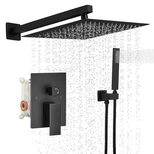 BWE 12 Inch Matte Black 2-Faction Wall Mounted Bathroom Shower System Set | Brass and Stainless Steel,Rainfall Shower Head,Handheld Shower Head,Pressure Balance Valve,Escutcheon Plate,Hotel,Bath Center - color: Matte Black, size: 12 Inch