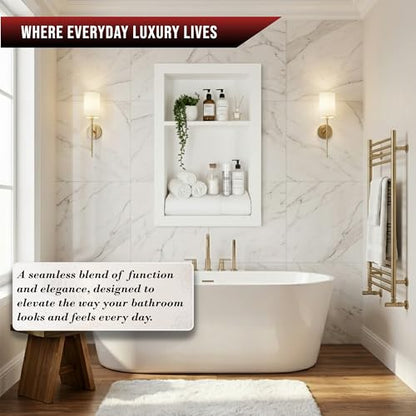 16" X 24" White Marble Shower Niche for Bathroom Shelf | Recessed Wall Insert | Rectangular 2 Shelves Storage Bathroom Organizer | No Tiles Needed (Pure White)