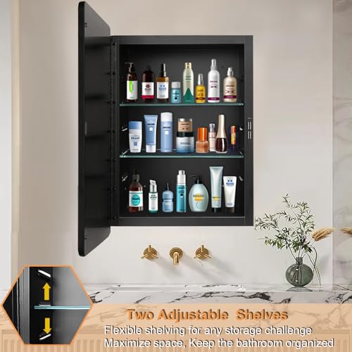 18x26 Medicine Cabinet with Mirror, Bathroom Storage Cabinet Mirror | Wall-Mounted or Recessed, Black Metal Frame, Adjustable Glass Shelves, Bathroom Vanity Mirror with Storage - size: 18"W x 26"H